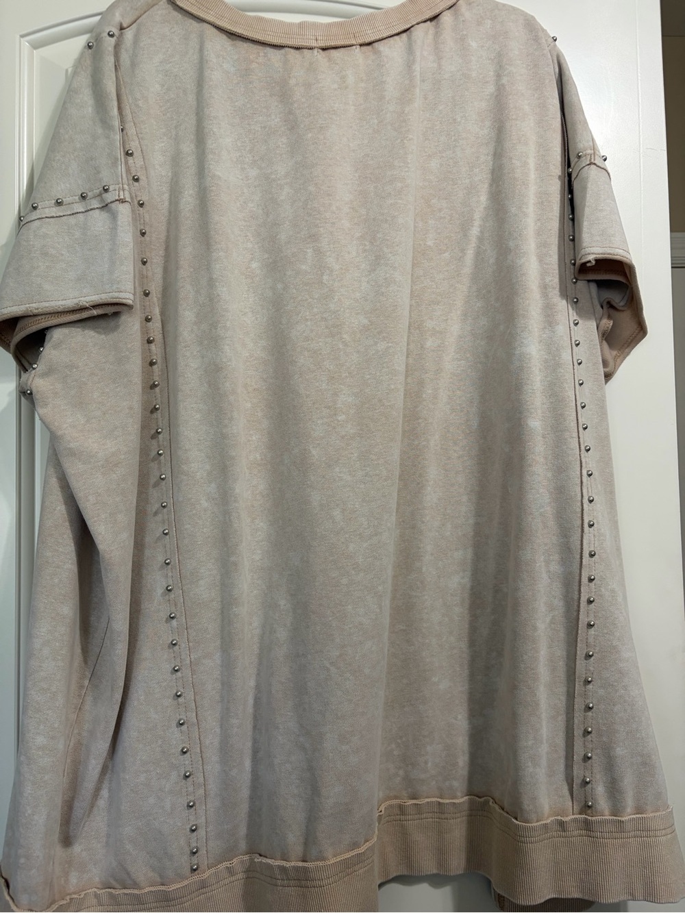 Stud-Trim Beige Short-Sleeve Tunic